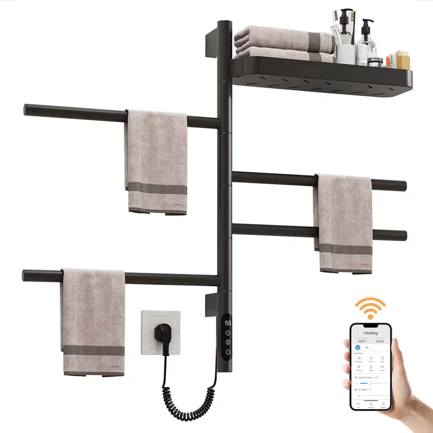 modern black best heated towel rack 18 x 27 with smart temperature control and foldable shelf | Ace Decor