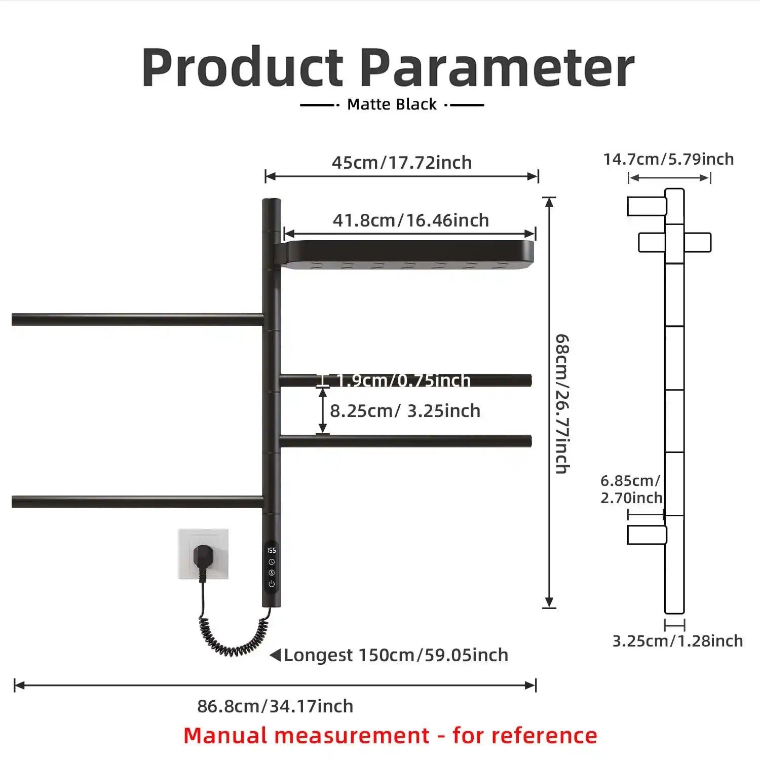 detailed dimension diagram of best heated towel rack 18 x 27 matte black wall mounted model | Ace Decor