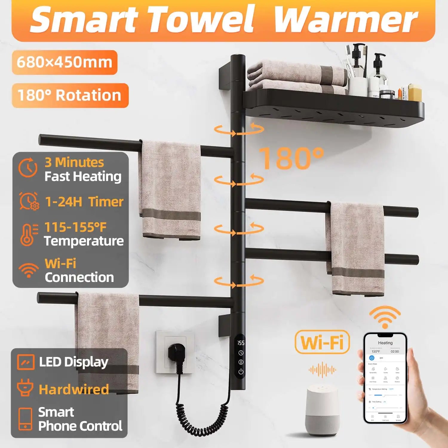 smart best heated towel rack 18 x 27 with 180° rotating shelf, LED display, and Wi-Fi control | Ace Decor