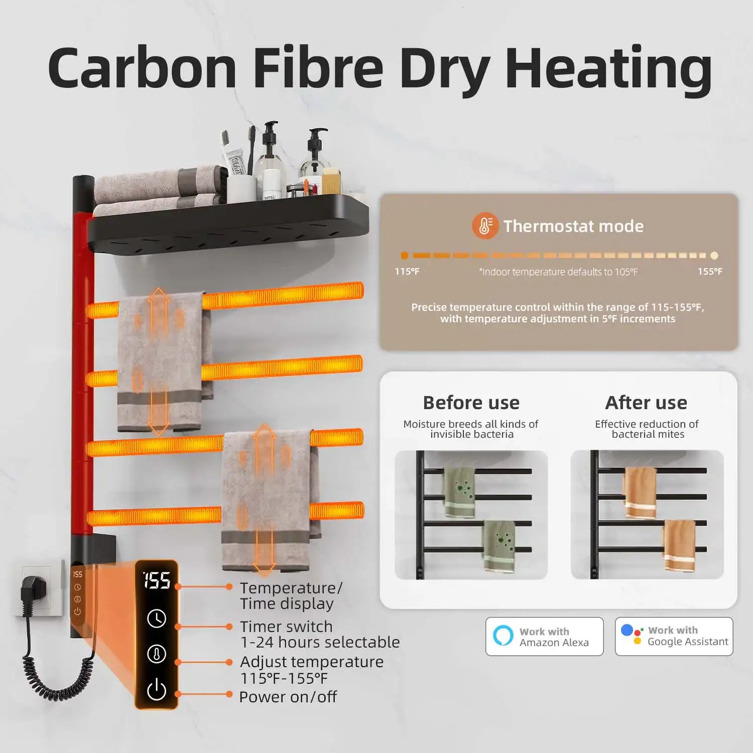 carbon fiber best heated towel rack 18 x 27 with precise temperature control 115–155°F | Ace Decor