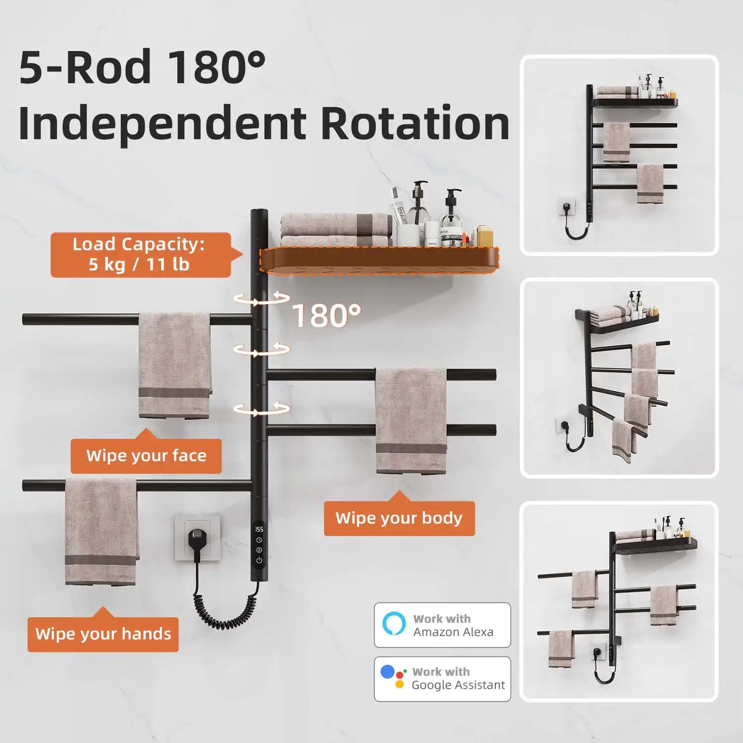 5-rod best heated towel rack 18 x 27 with 180-degree independent rotation and 11lb load capacity | Ace Decor