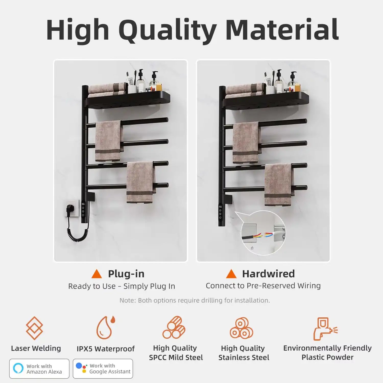 dual installation best heated towel rack 18 x 27 plug-in and hardwired waterproof design with stainless steel frame | Ace Decor