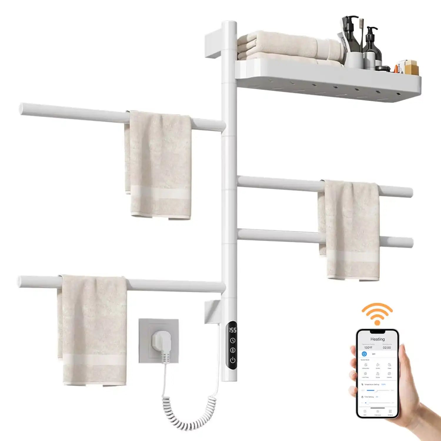 white wall mounted heated towel rack 18 x 27 with smartphone control and top shelf design | Ace Decor