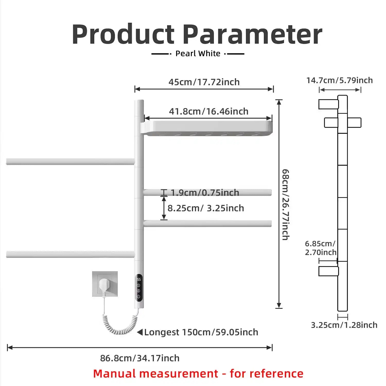 dimension chart of white wall mounted heated towel rack 18 x 27 with detailed size measurements | Ace Decor