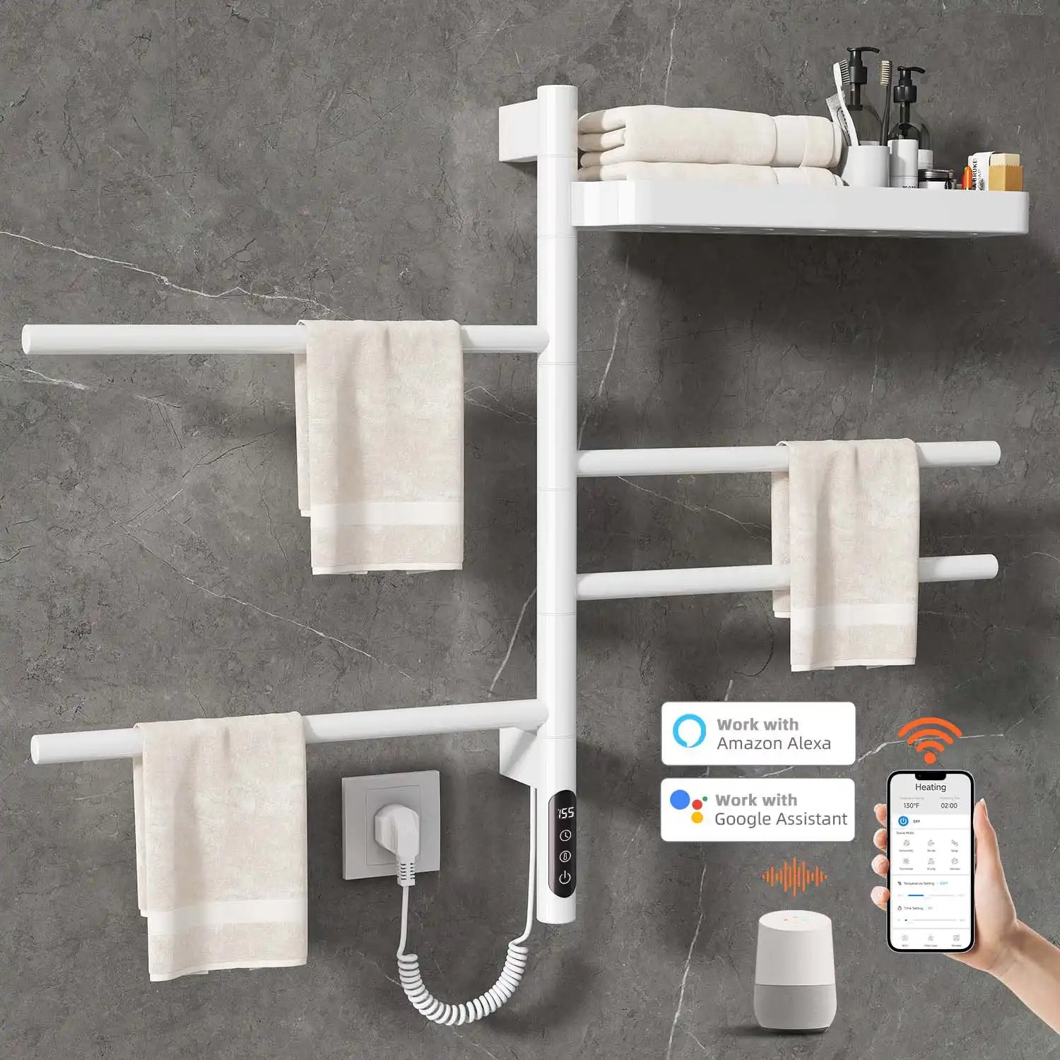 smart white wall mounted heated towel rack 18 x 27 with Wi-Fi app and voice control | Ace Decor
