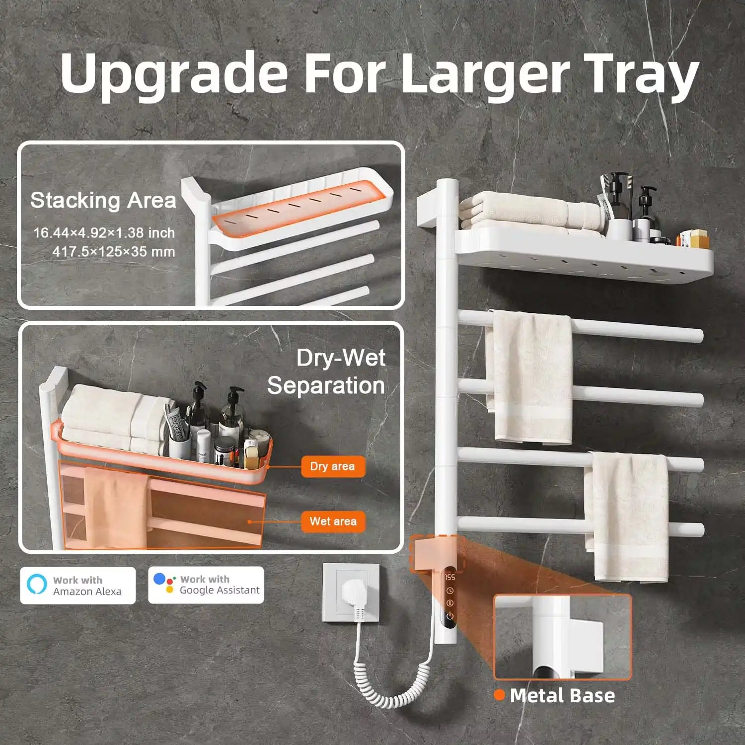 modern white wall mounted heated towel rack 18 x 27 with large top shelf and dry-wet separation | Ace Decor