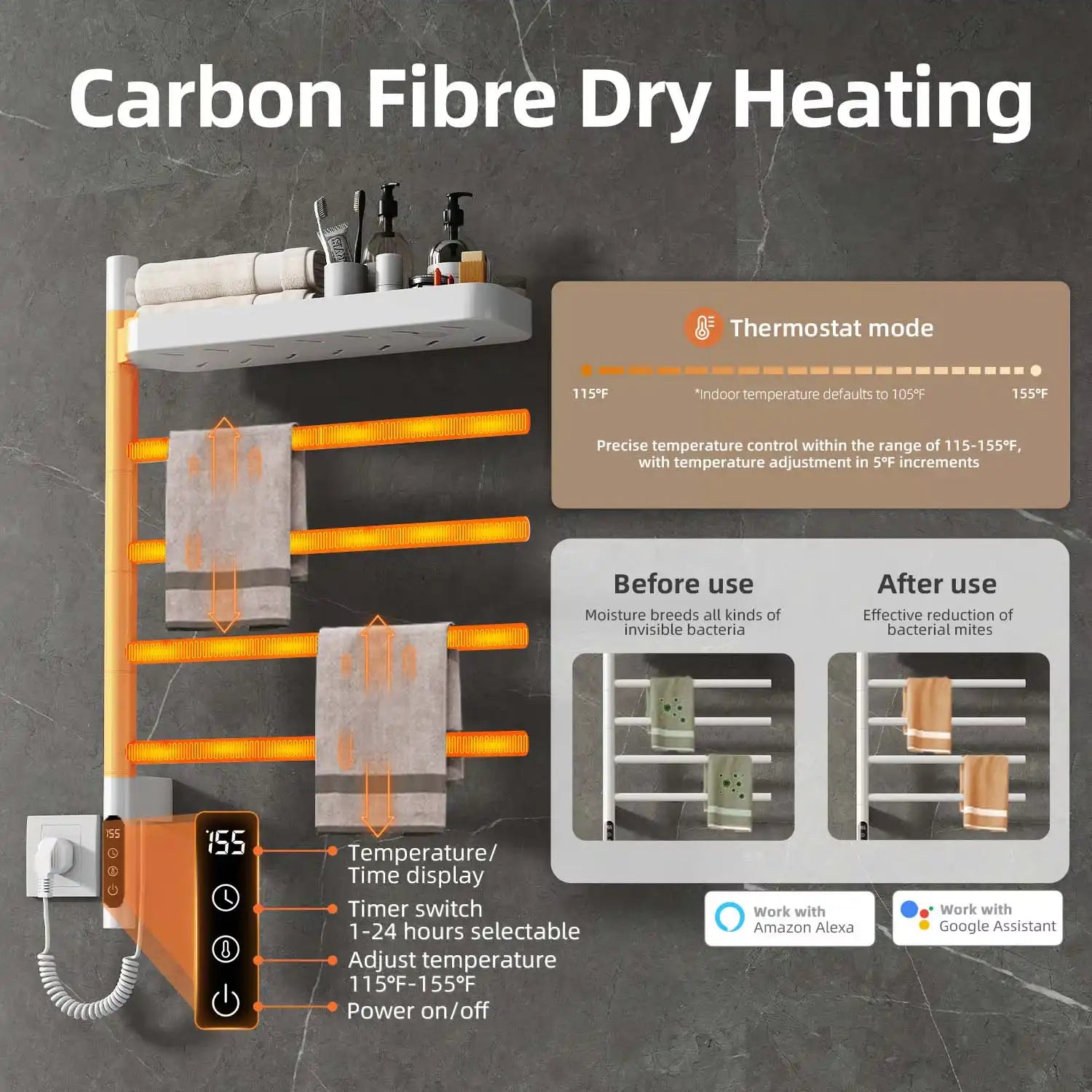 white wall mounted heated towel rack 18 x 27 with carbon fiber dry heating and LED display | Ace Decor