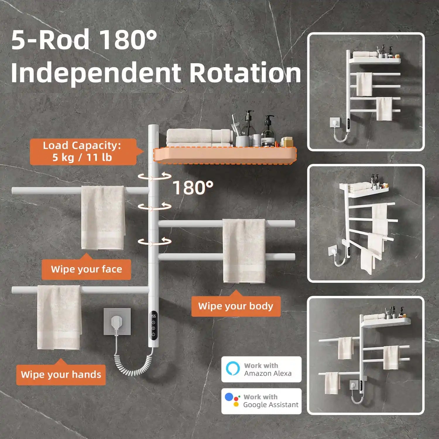 white wall mounted heated towel rack 18 x 27 with 180-degree rotating bars and 11lb load capacity | Ace Decor