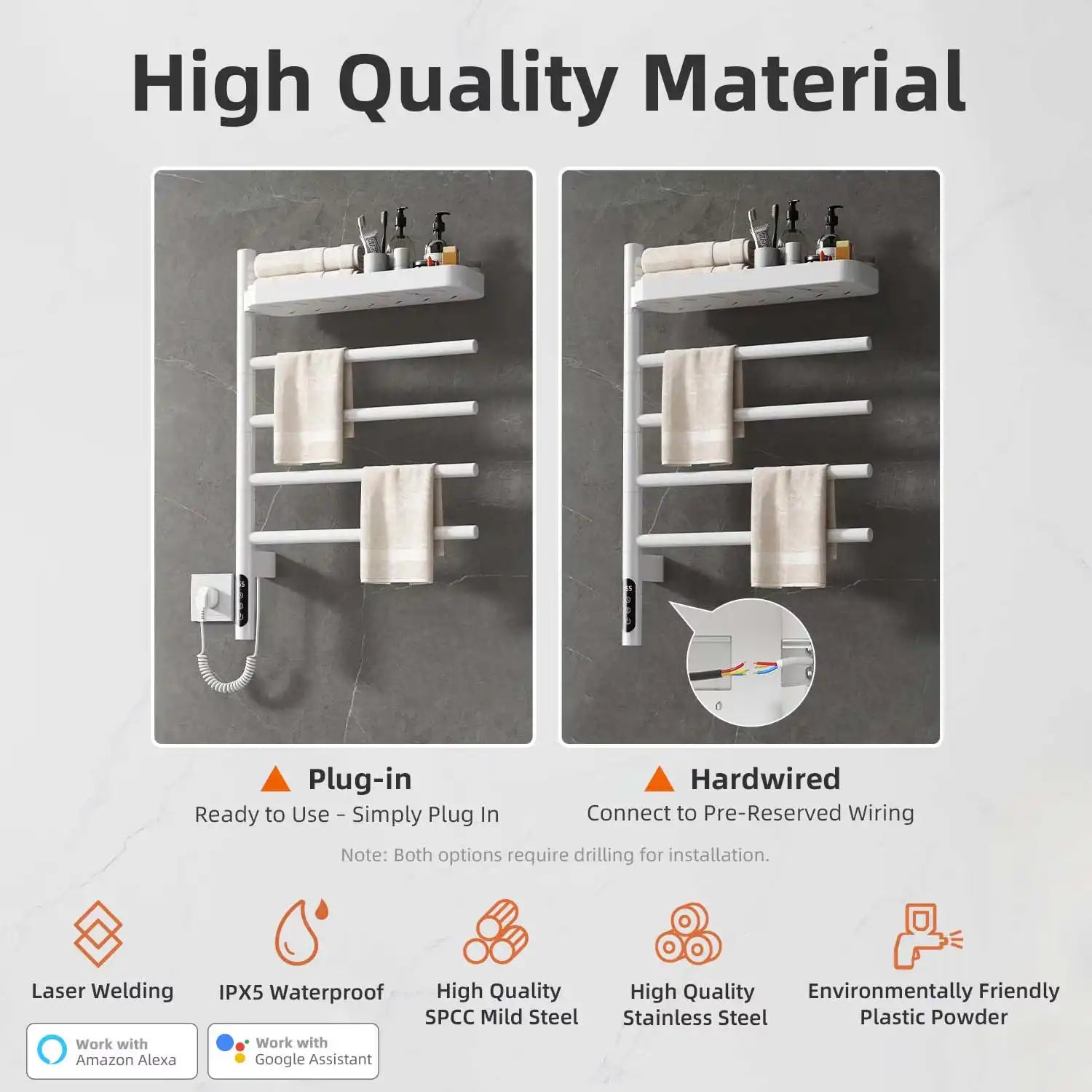 white wall mounted heated towel rack 18 x 27 with plug-in and hardwired installation options | Ace Decor