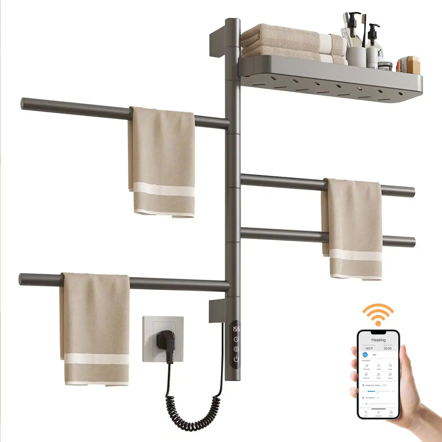 modern gray heated towel rack with shelf 18 x 27 wall-mounted design with app control | Ace Decor