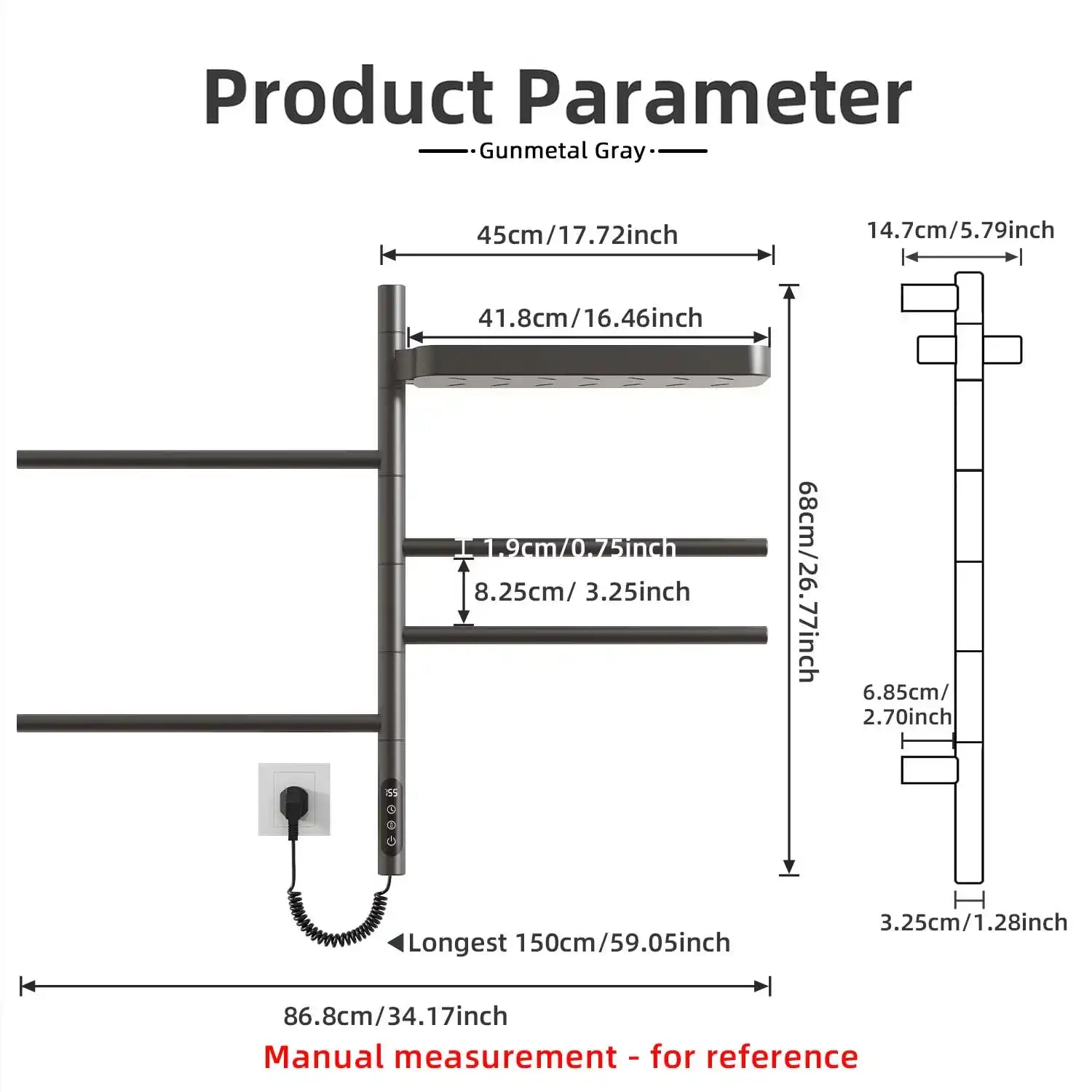 gunmetal gray 18 x 27 heated towel rack with shelf detailed product dimensions and measurements | Ace Decor