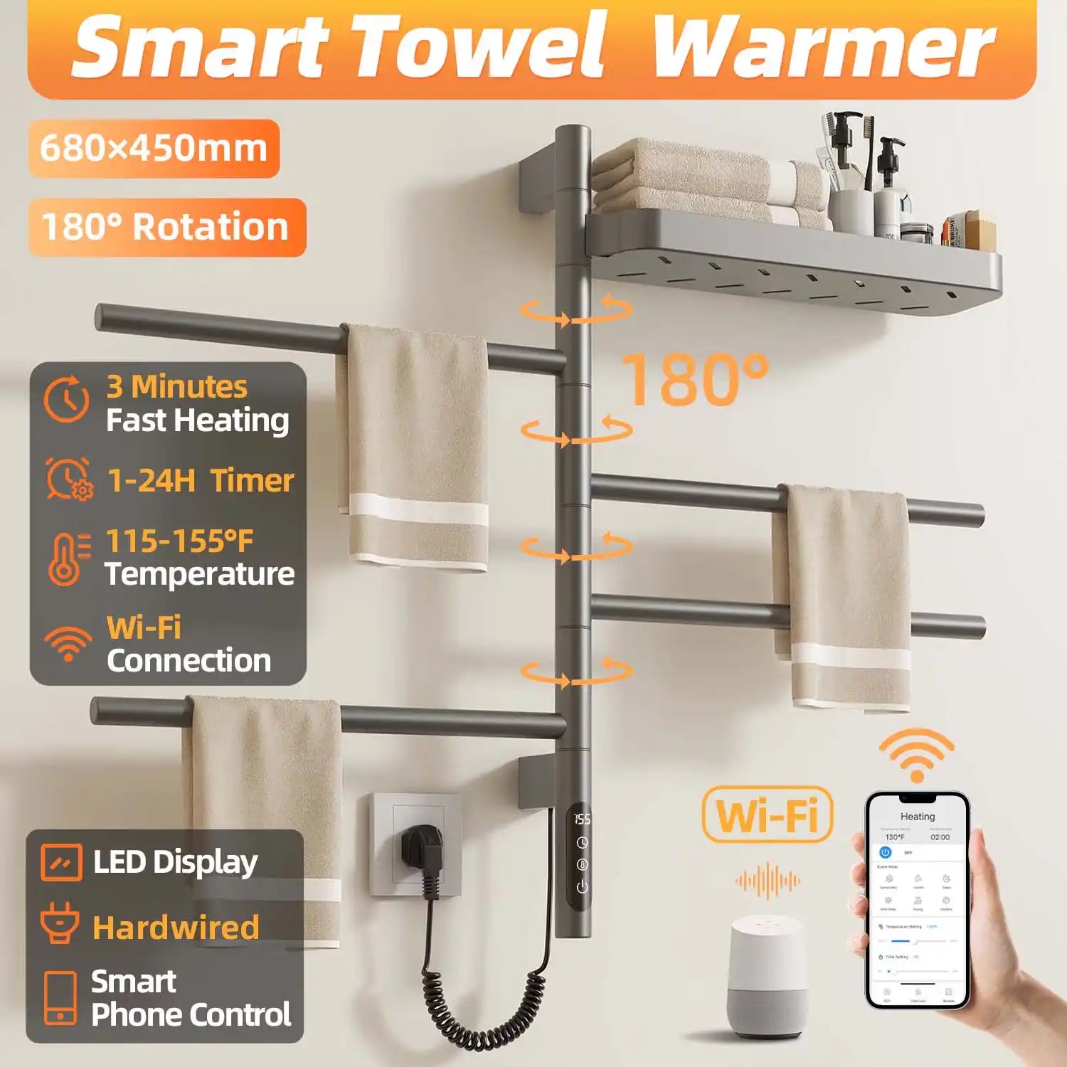 gray 18 x 27 heated towel rack with shelf featuring Wi-Fi control and LED display | Ace Decor
