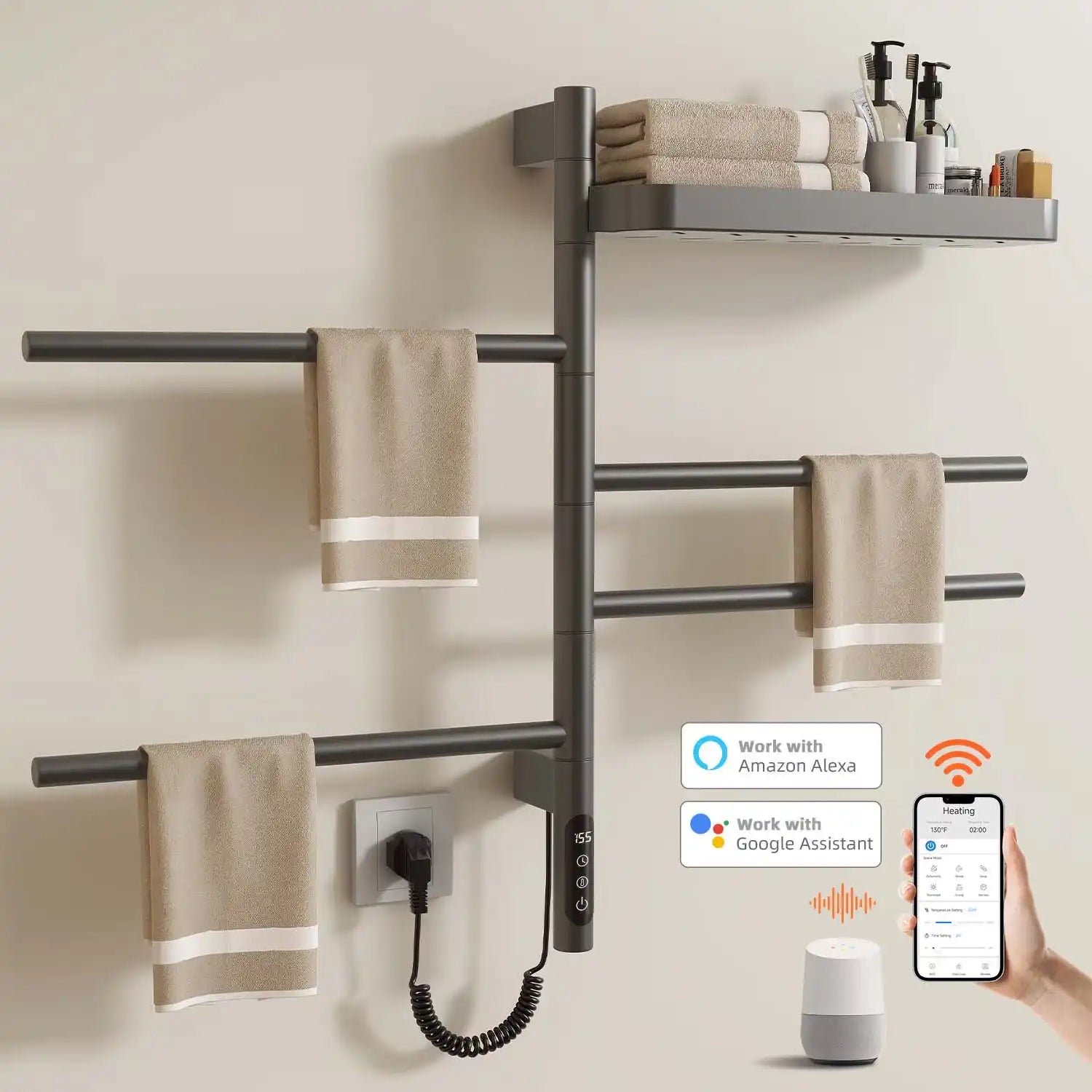 gray 18 x 27 heated towel rack with shelf supporting Alexa and Google Assistant voice control | Ace Decor
