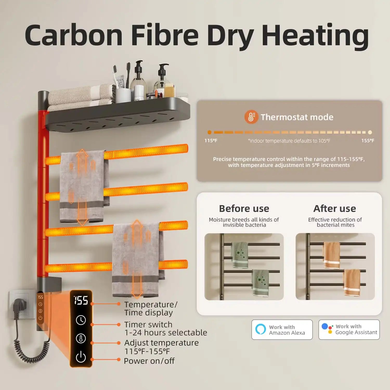 carbon fiber heating gray 18 x 27 heated towel rack with shelf showing temperature control display | Ace Decor