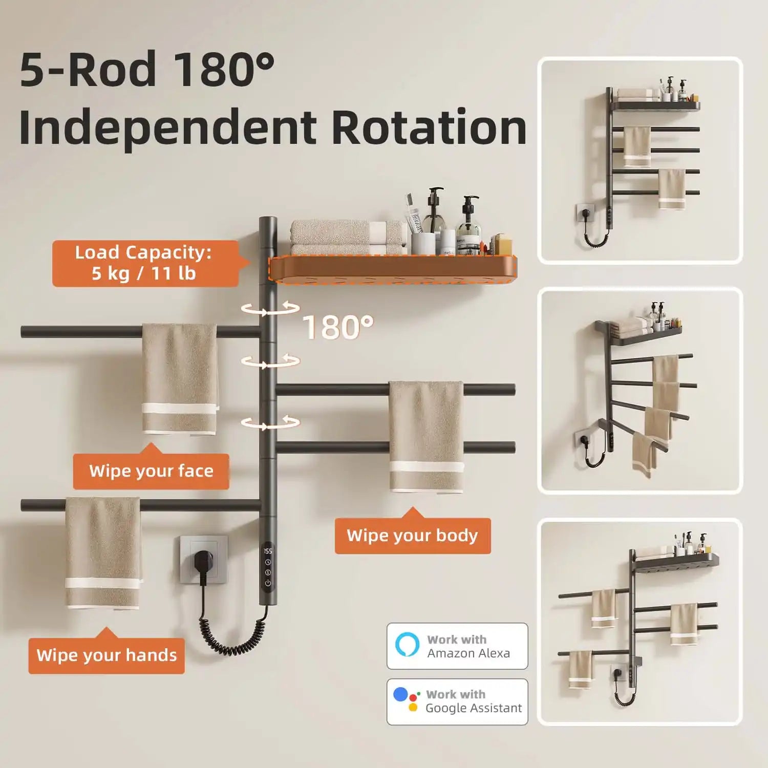 5-rod 180-degree rotating gray heated towel rack with shelf 18 x 27 for bathroom organization | Ace Decor