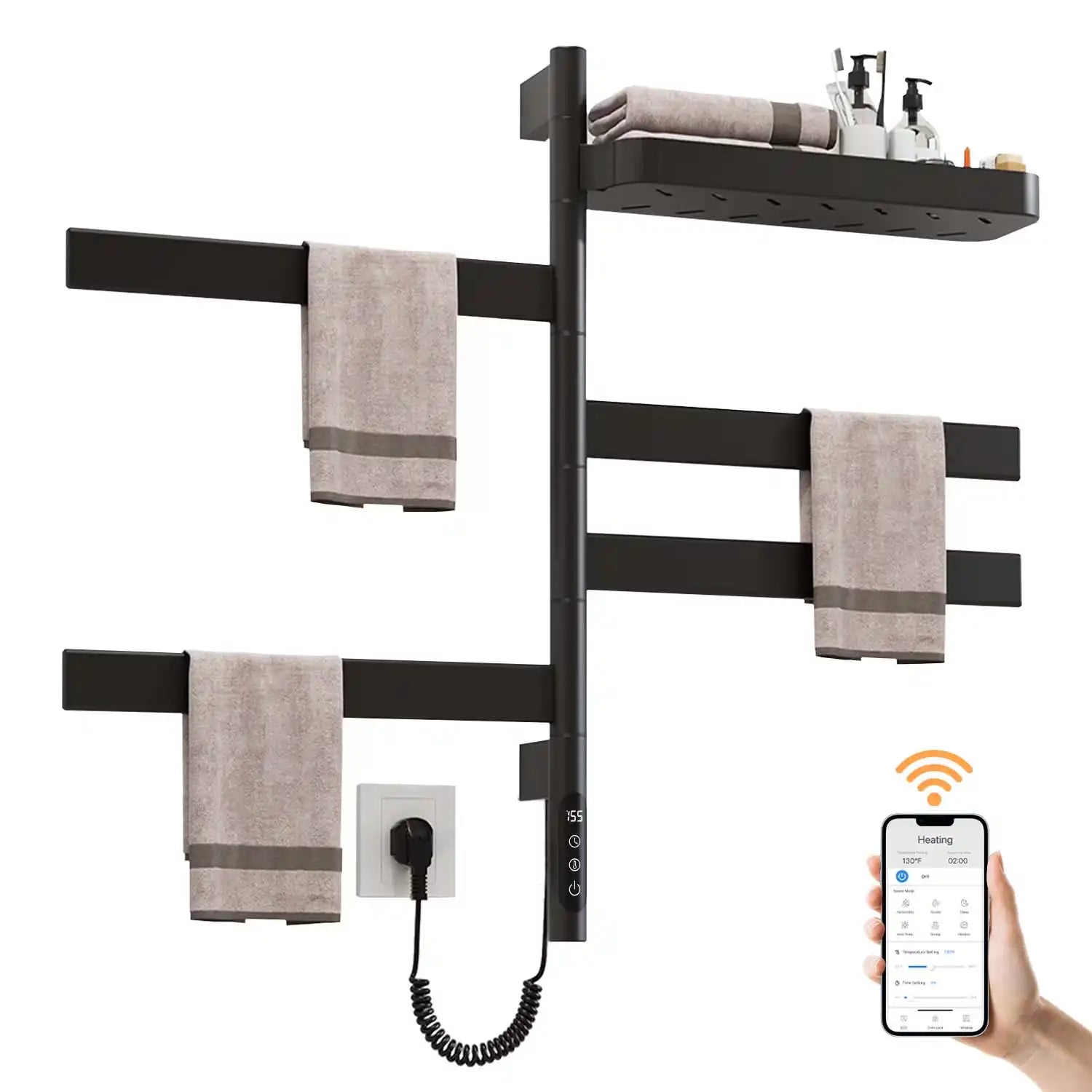 18 x 30 matte black electric towel rack showing smartphone app control function | Ace Decor