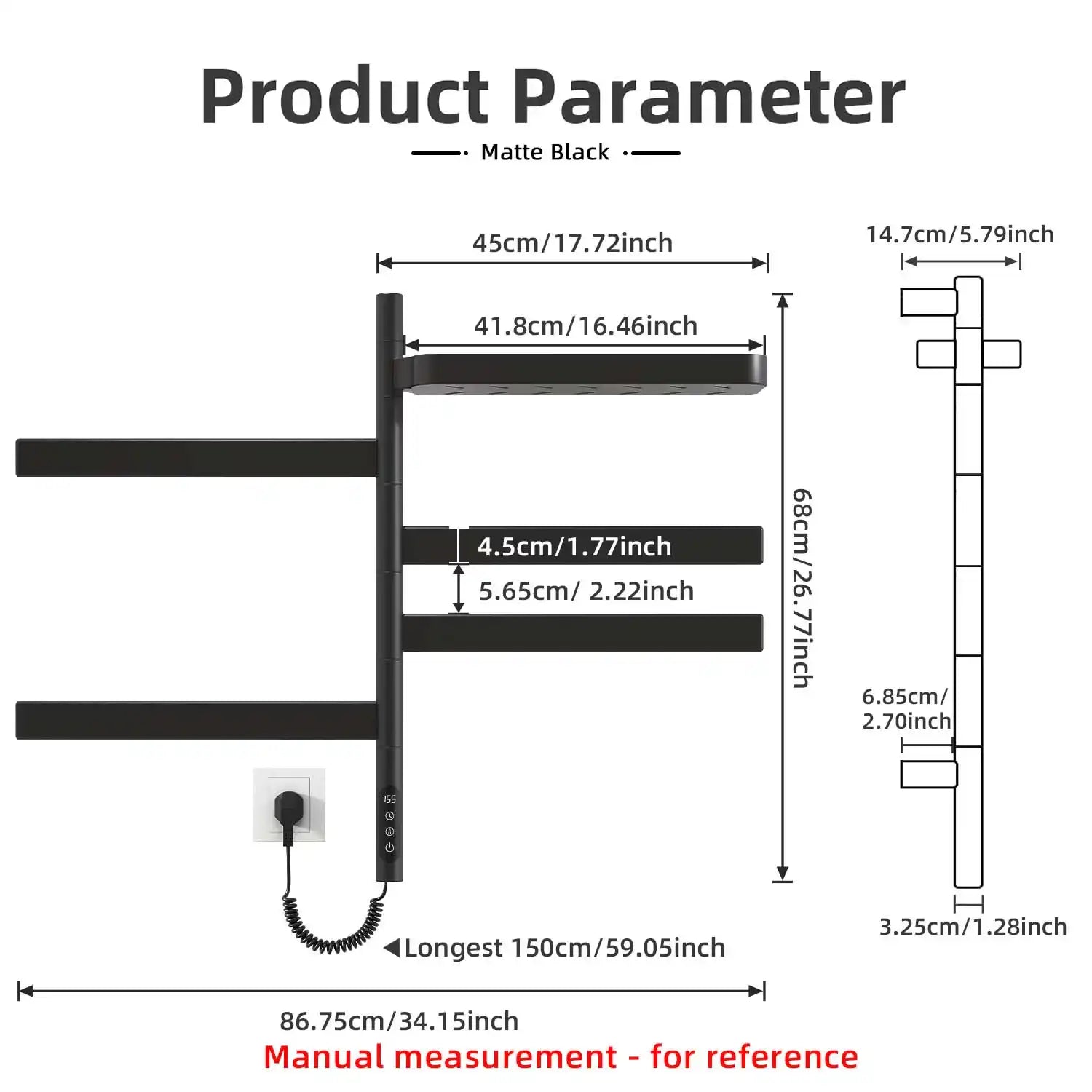 18 x 30 matte black electric towel rack product dimension diagram with detailed measurements | Ace Decor