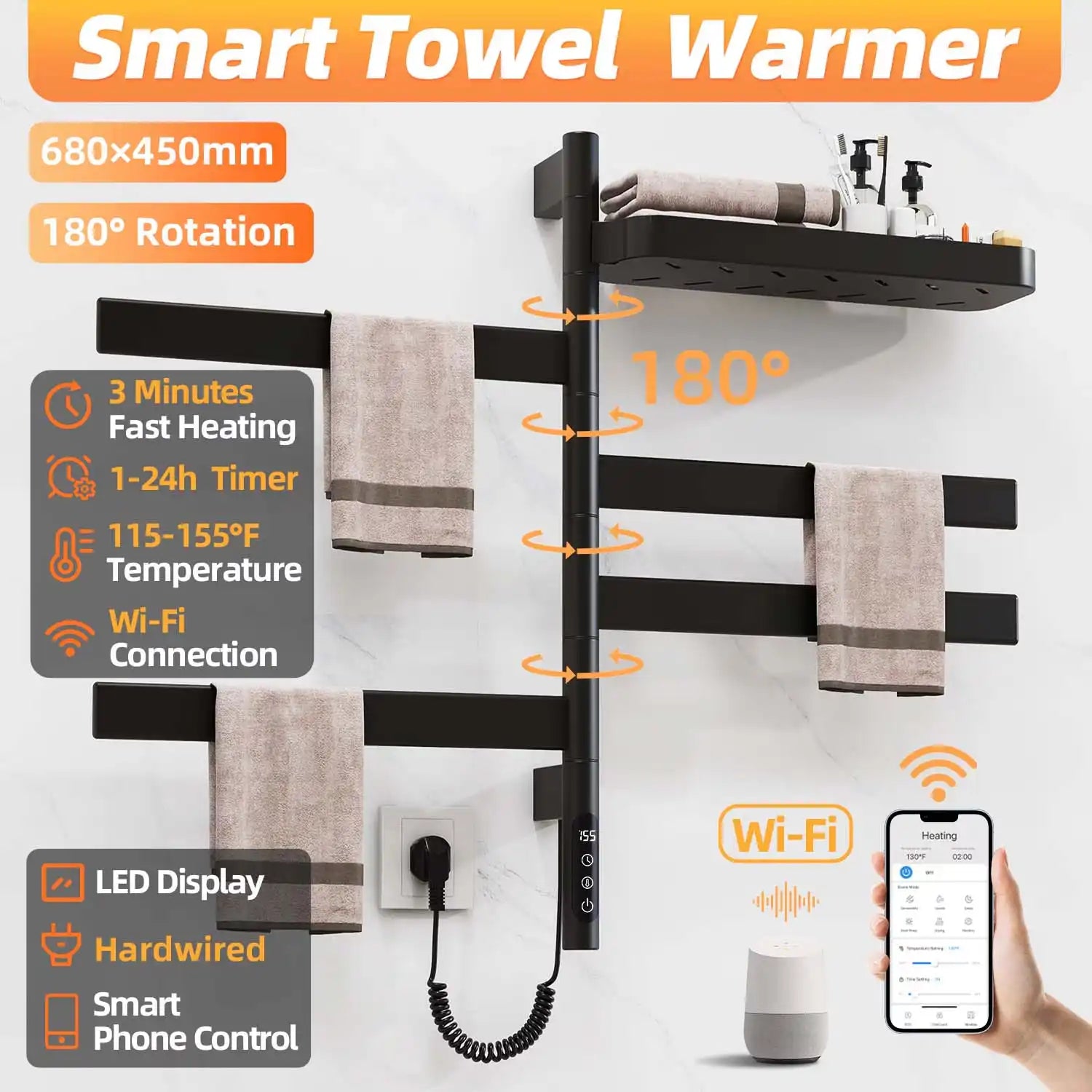 18 x 30 matte black heated towel rack with 180° rotating bars and fast heating features | Ace Decor