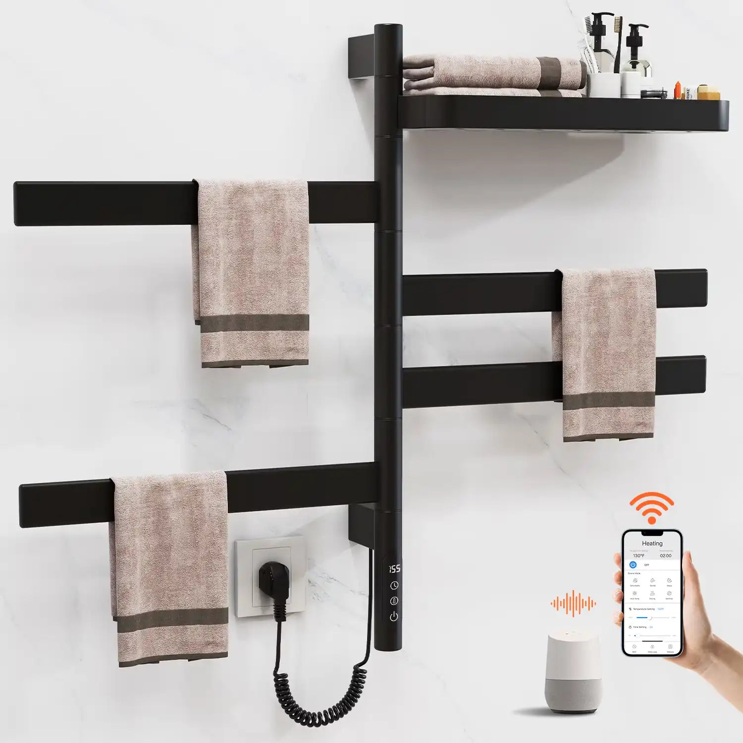 18 x 30 matte black electric towel rack operated via smart app and voice control | Ace Decor
