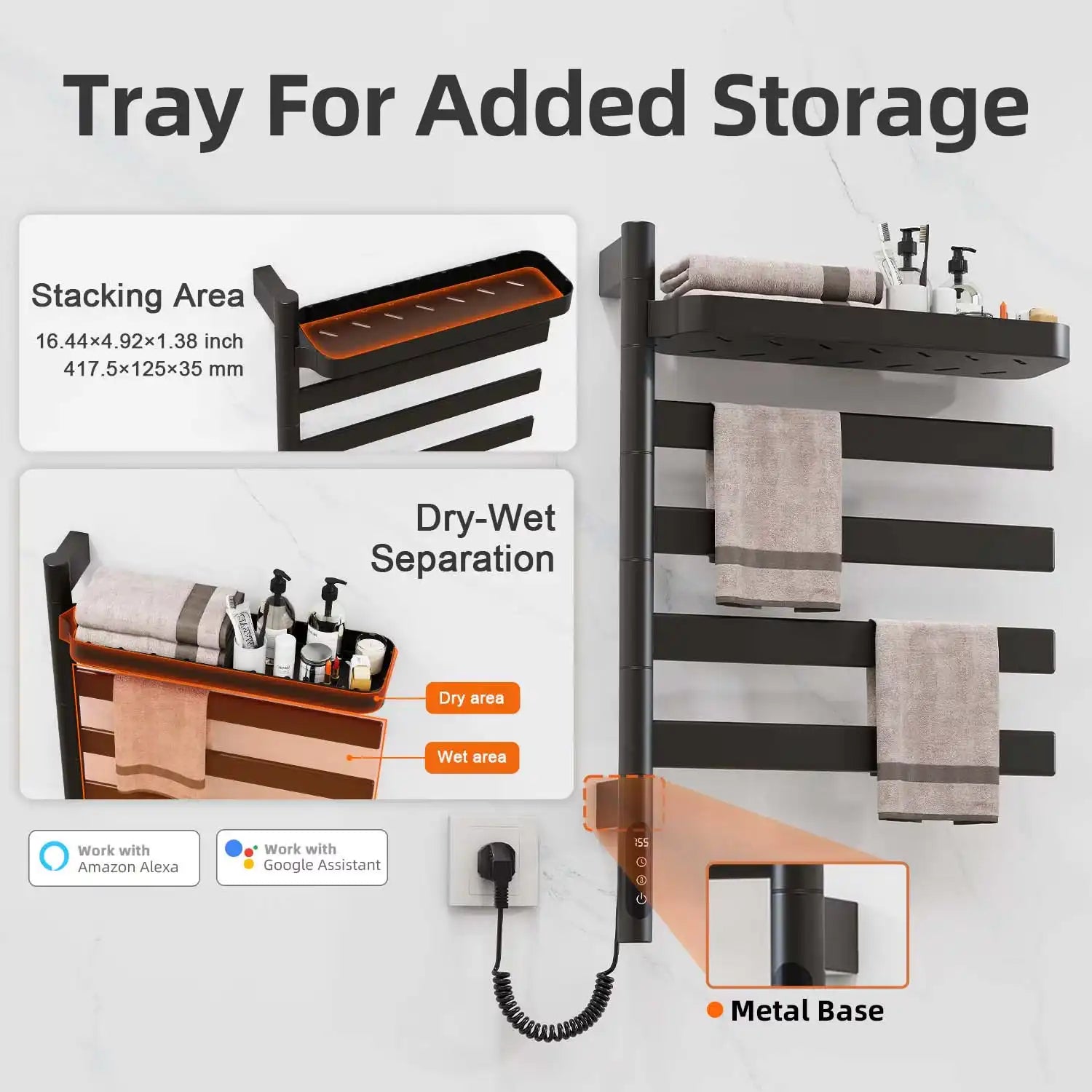 18 x 30 matte black electric towel rack showing added storage tray and dry-wet separation design | Ace Decor