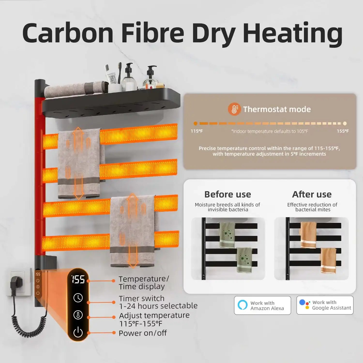 18 x 30 matte black carbon fiber heated towel rack with thermostat mode and antibacterial drying.