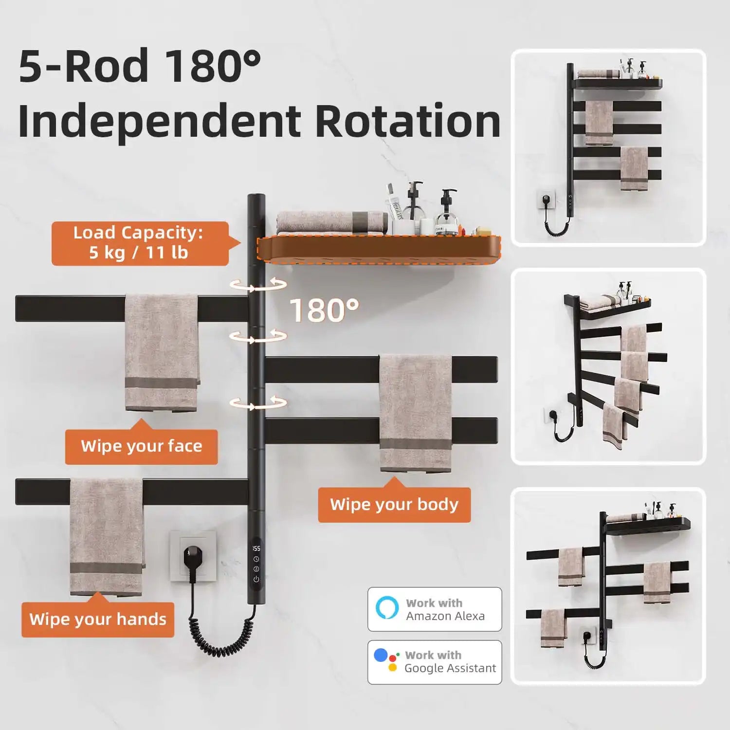 18 x 30 matte black 5-rod heated towel rack with 180-degree independent rotation design.