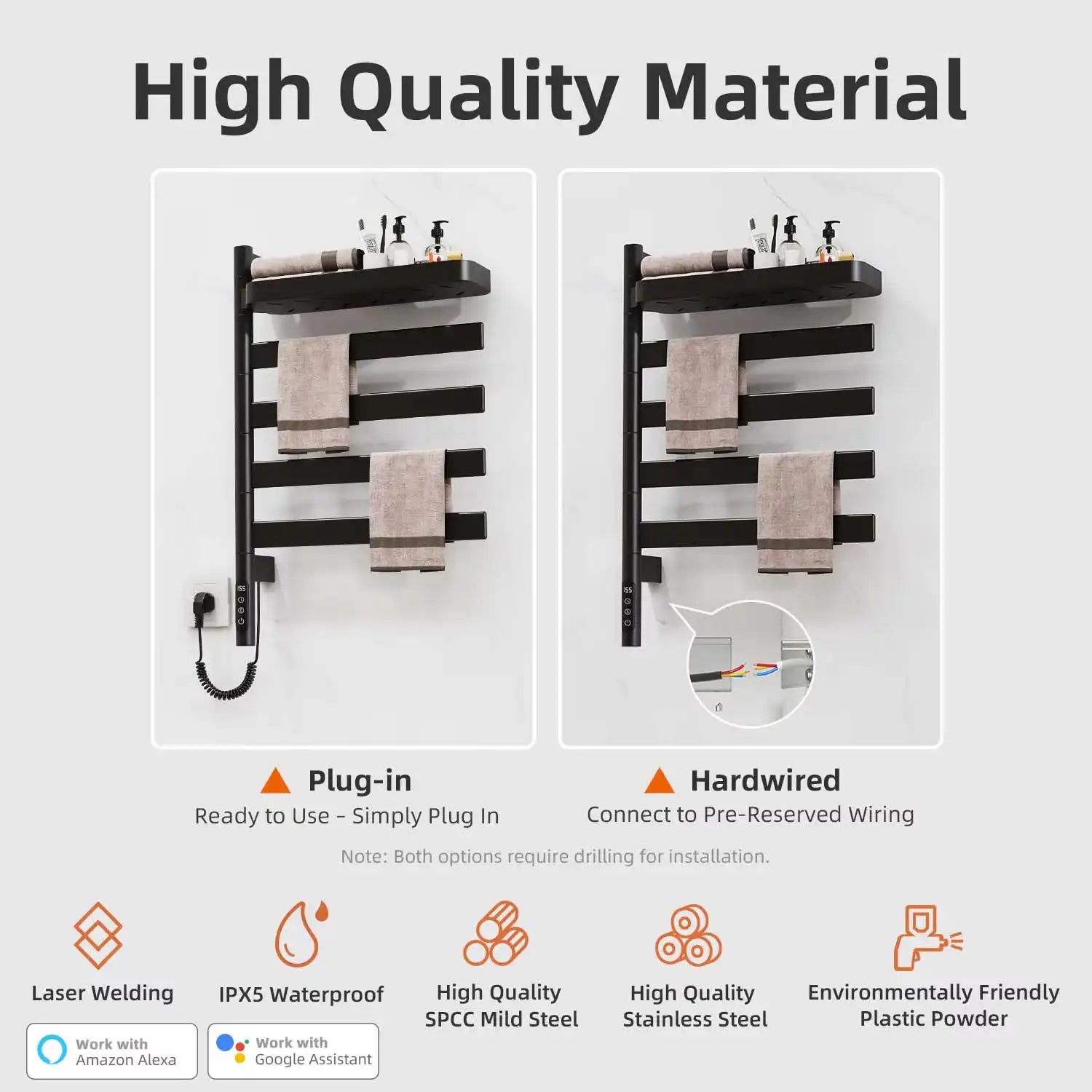 18 x 30 matte black heated towel rack with plug-in and hardwired installation options, IPX5 waterproof | Ace Decor