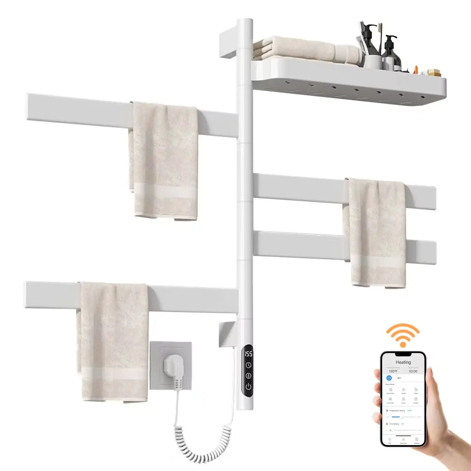 18 x 30 white electric towel warmer with smart app control and top storage shelf | Ace Decor