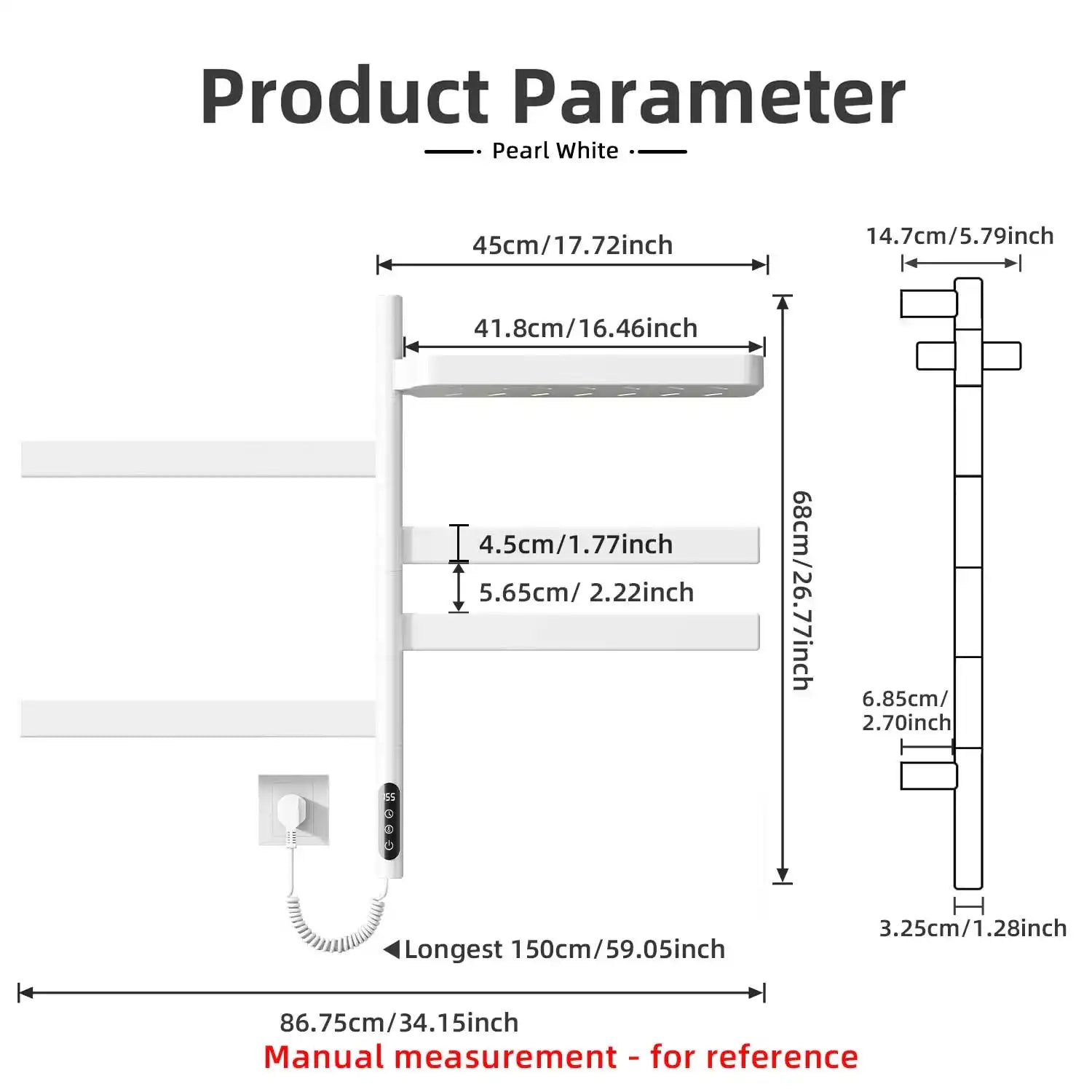 18 x 30 white heated towel rack dimensions diagram with detailed measurements and shelf layout | Ace Decor