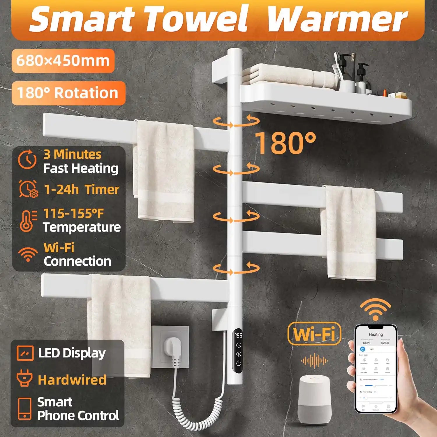 18 x 30 white heated towel rack with 180-degree rotation, LED display, and WiFi smart control | Ace Decor