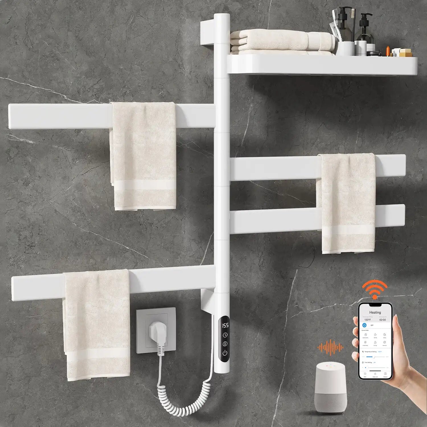 18 x 30 white electric towel warmer with WiFi connection and voice assistant compatibility | Ace Decor