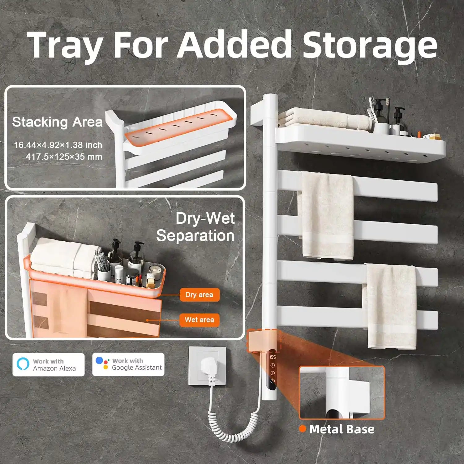 18 x 30 white heated towel rack featuring metal shelf for storage and dry-wet separation design | Ace Decor