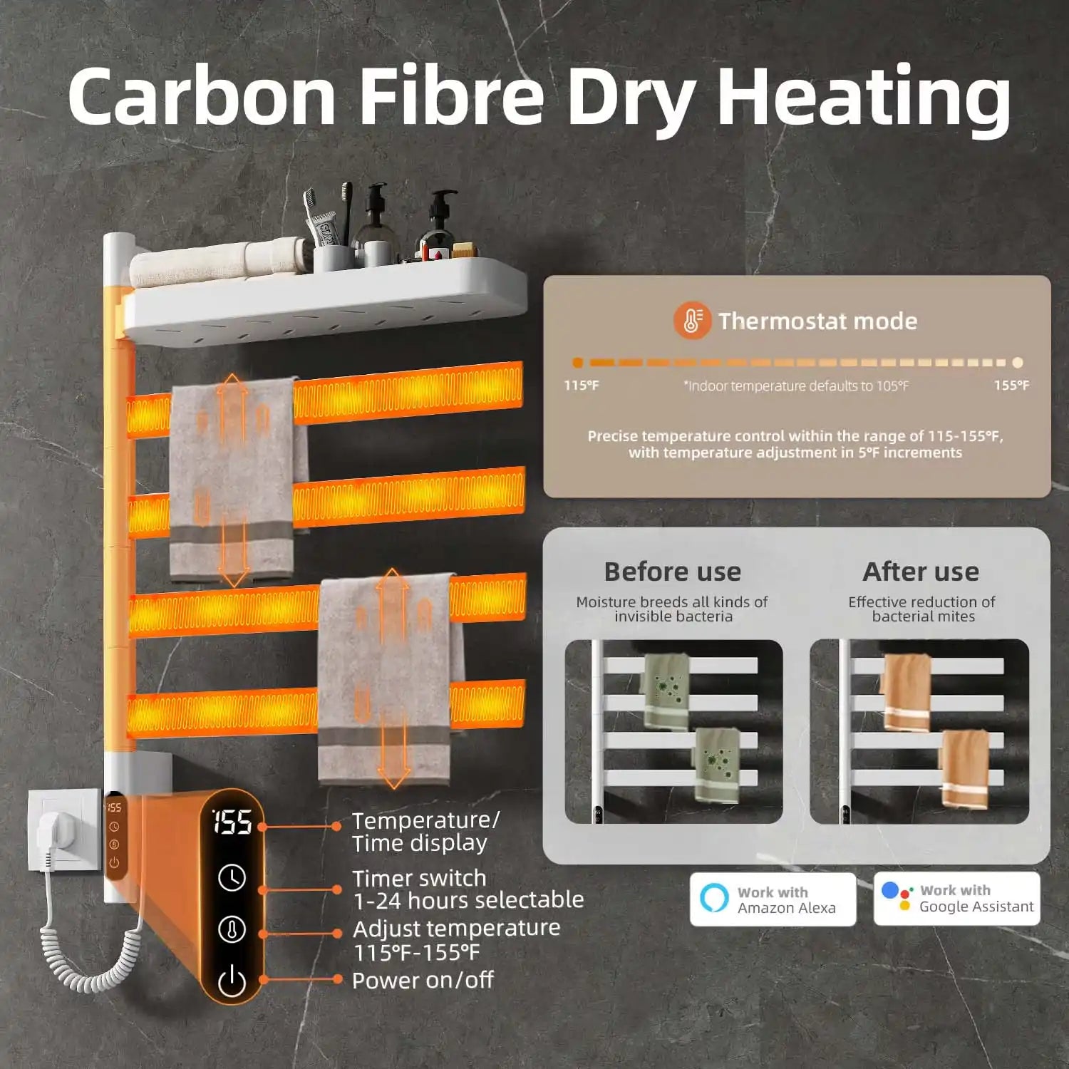 18 x 30 white heated towel rack with carbon fiber dry heating and adjustable temperature control.