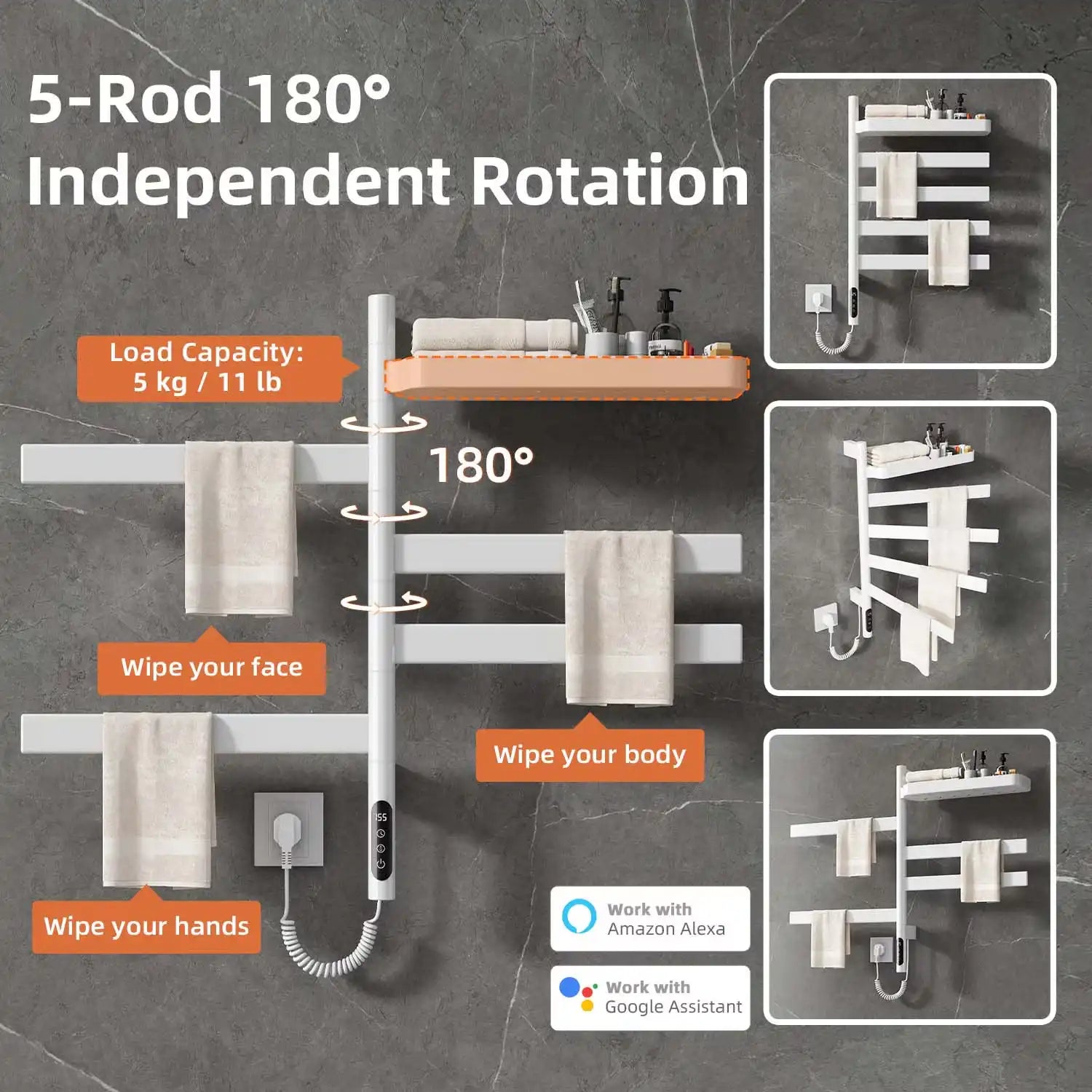 18 x 30 white heated towel rack with five rotating bars and 180° independent rotation.