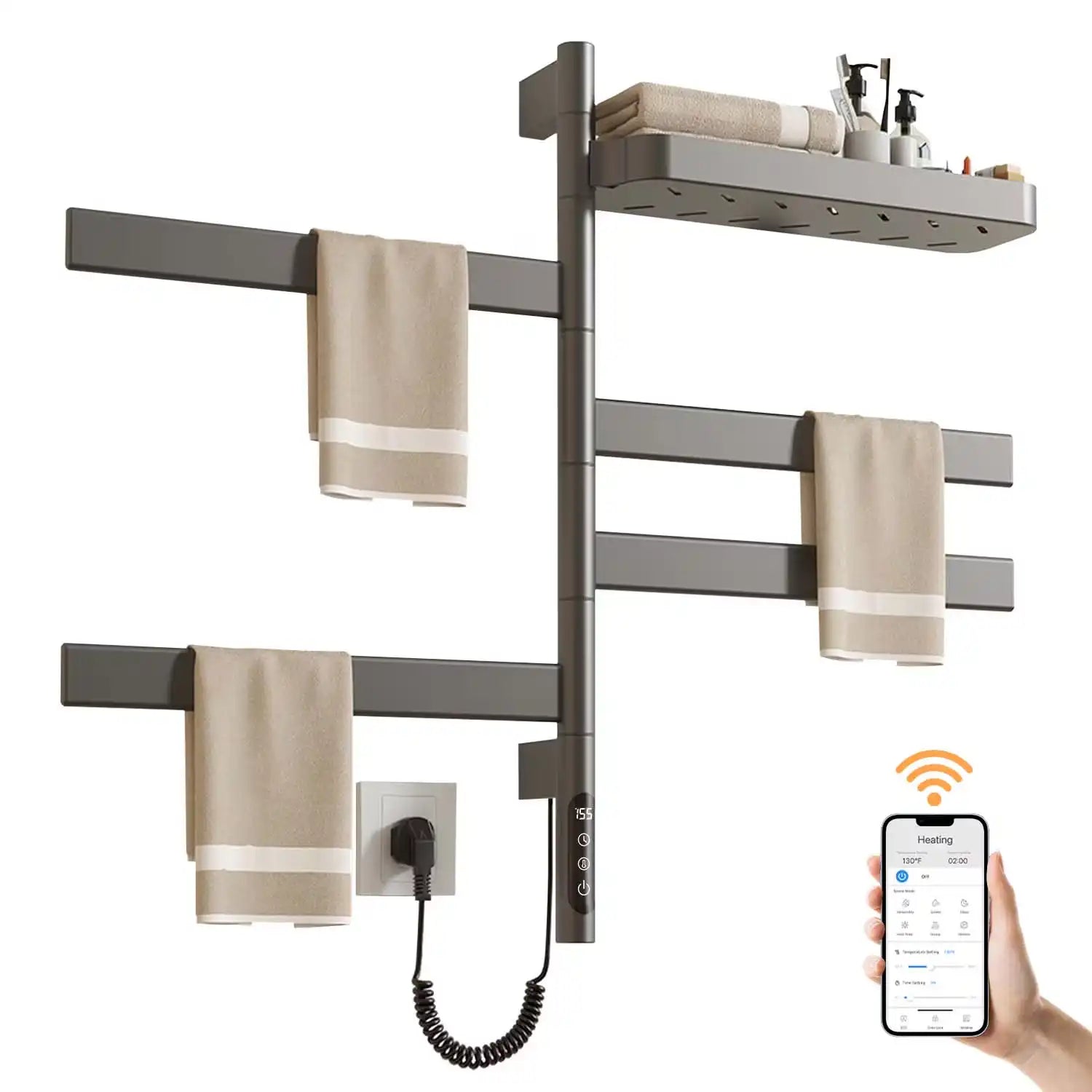 wall mounted gray electric towel warmer 18 x 30 with WiFi app control and folded towels | Ace Decor
