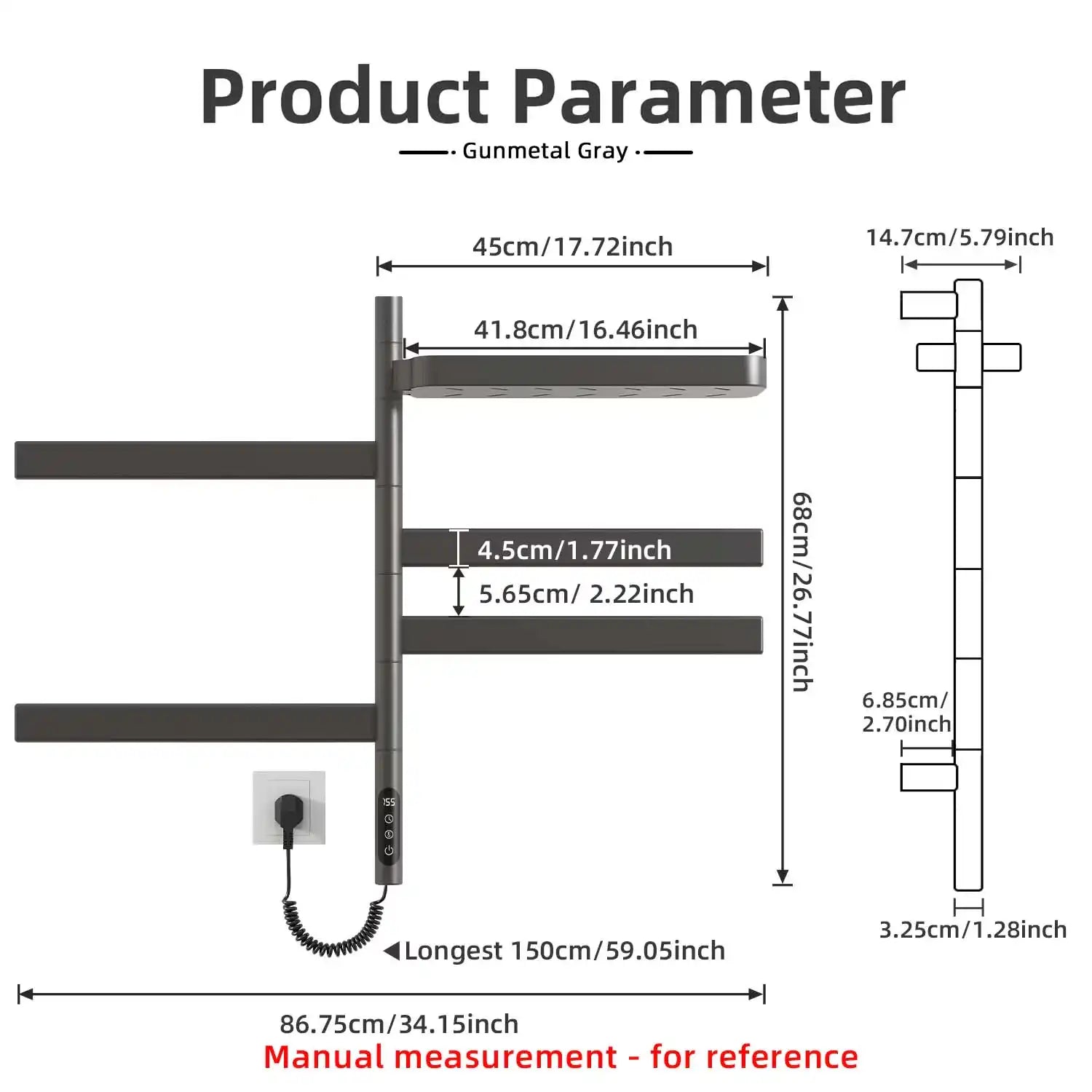 product size diagram of gray heated towel rack 18 x 30 with detailed dimensions | Ace Decor