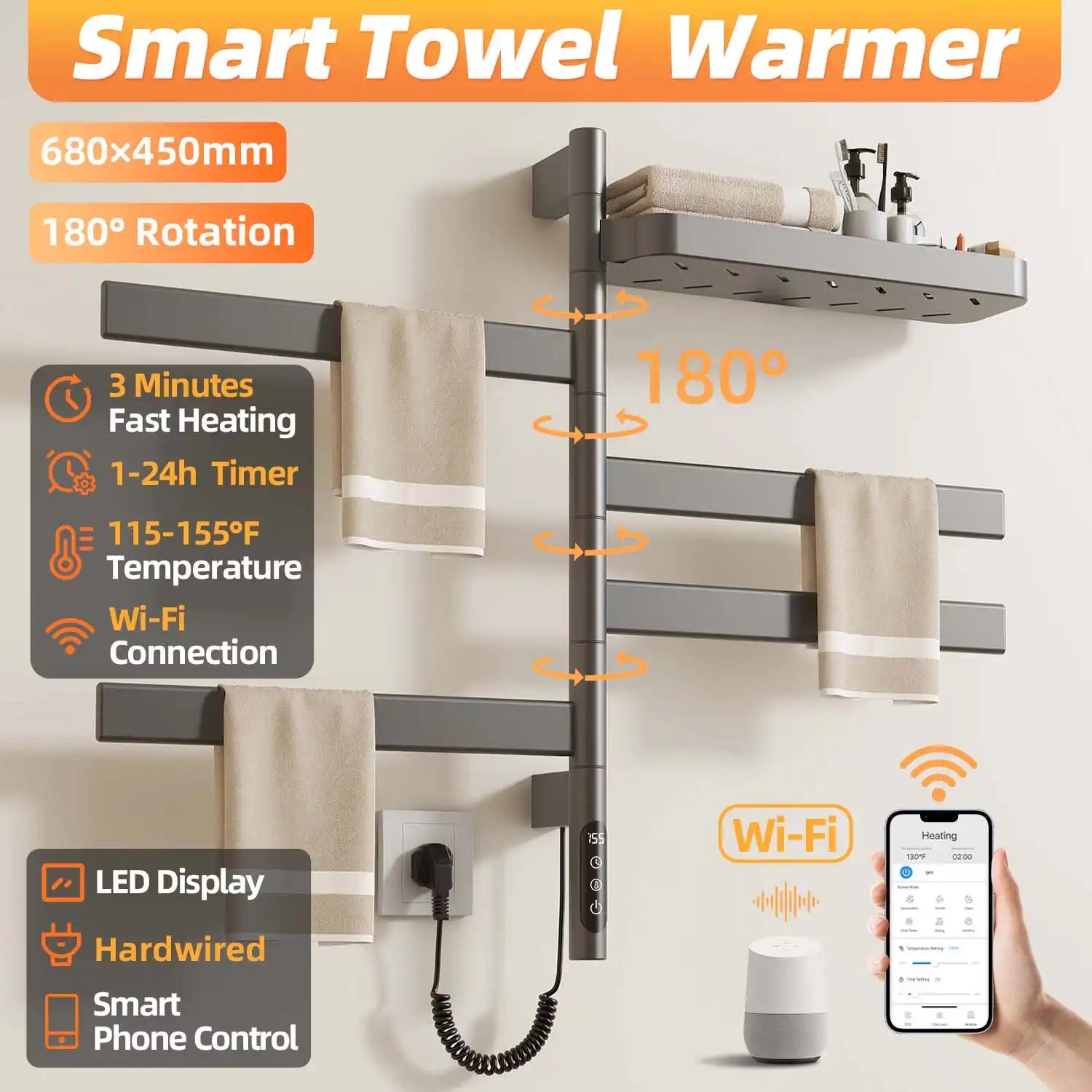 gray smart heated towel rack 18 x 30 with 180° rotating bars, LED display, and WiFi connection | Ace Decor