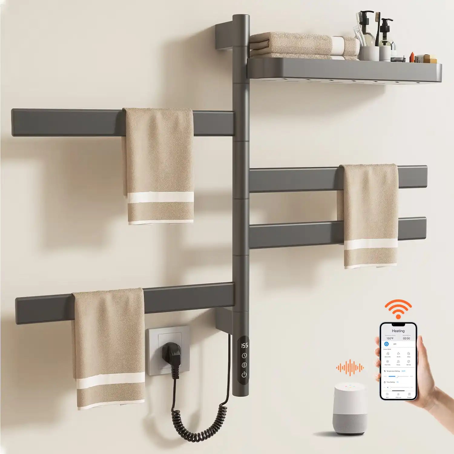 gray WiFi heated towel rack 18 x 30 with towels, top shelf, and smartphone smart control | Ace Decor