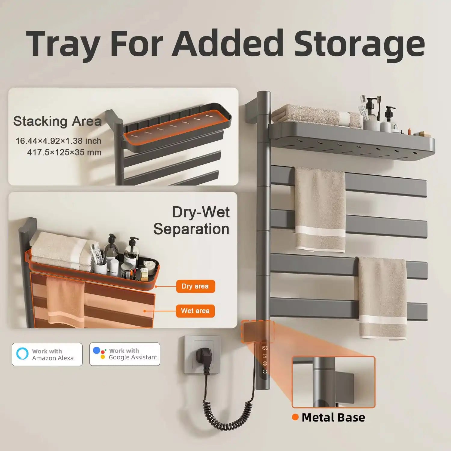 Gray electric towel warmer 18 x 30 with top storage tray and dry-wet separation design.