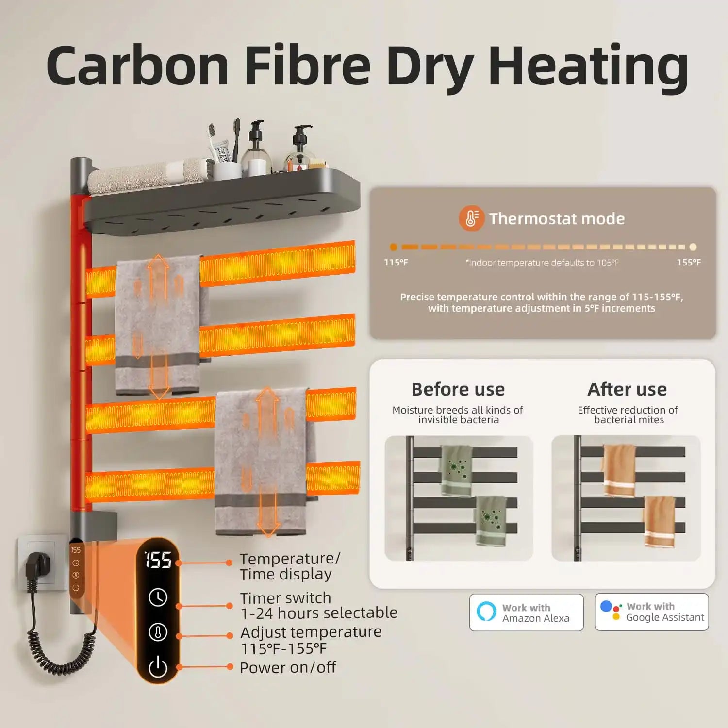 Gray wall mounted heated towel rack 18 x 30 using carbon fiber dry heating for antibacterial warmth.