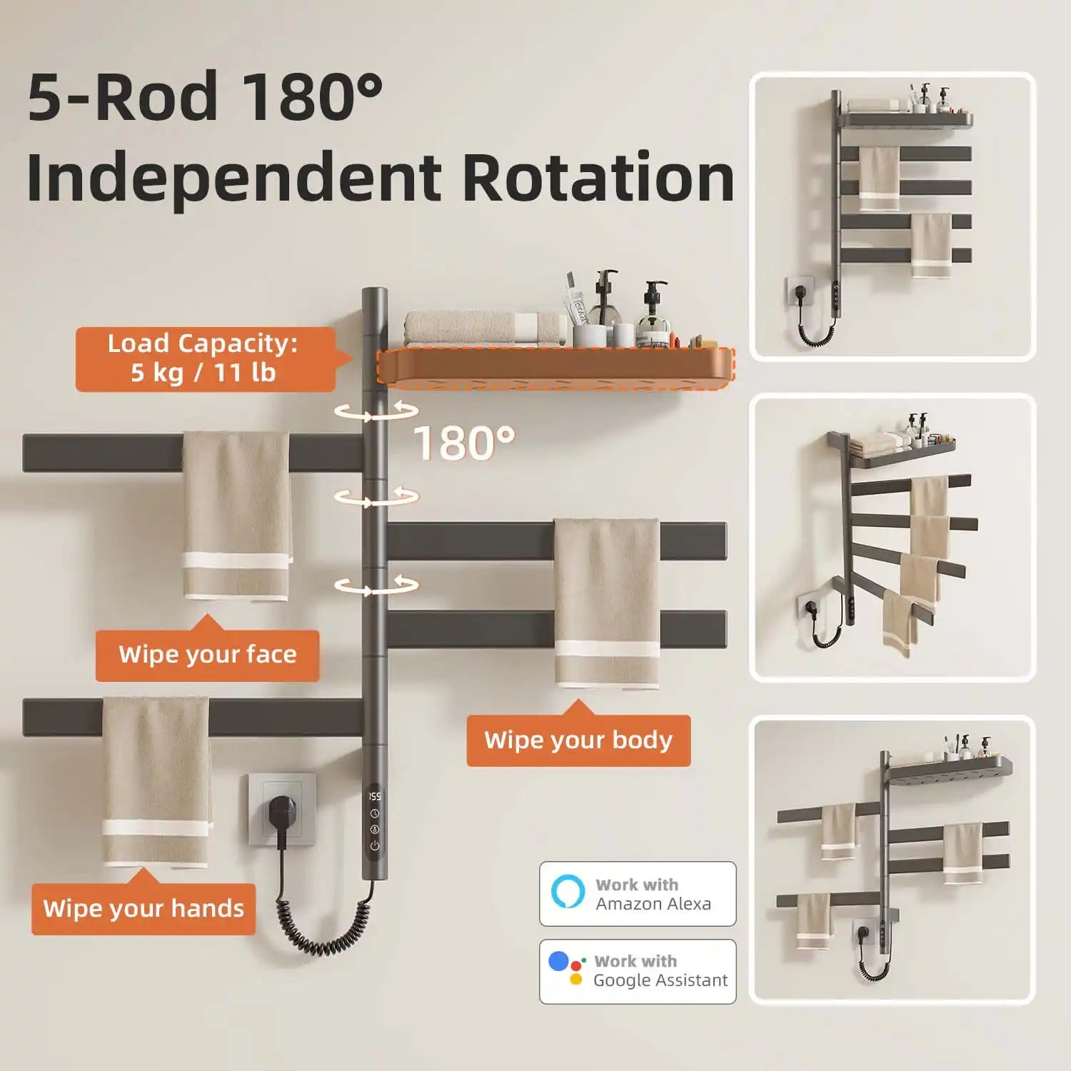 Gray electric towel rack 18 x 30 with five 180° rotating bars and independent rod design.