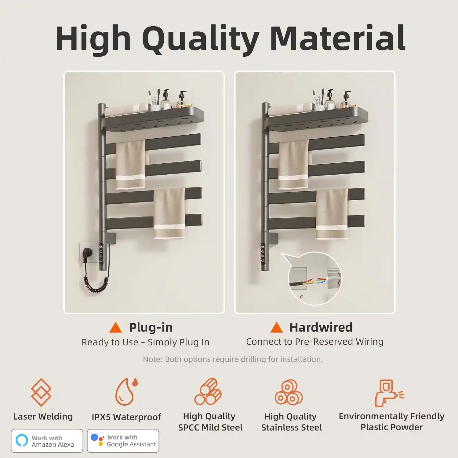 gray electric heated towel rack 18 x 30 showing plug-in and hardwired waterproof installation options | Ace Decor