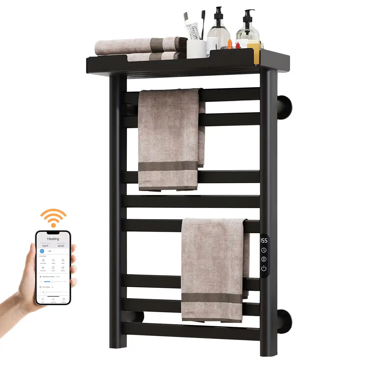 Smart black Thervon Series towel warmer nearby 18 x 27 with Wi-Fi and LED display for modern bathroom heating | Ace Decor
