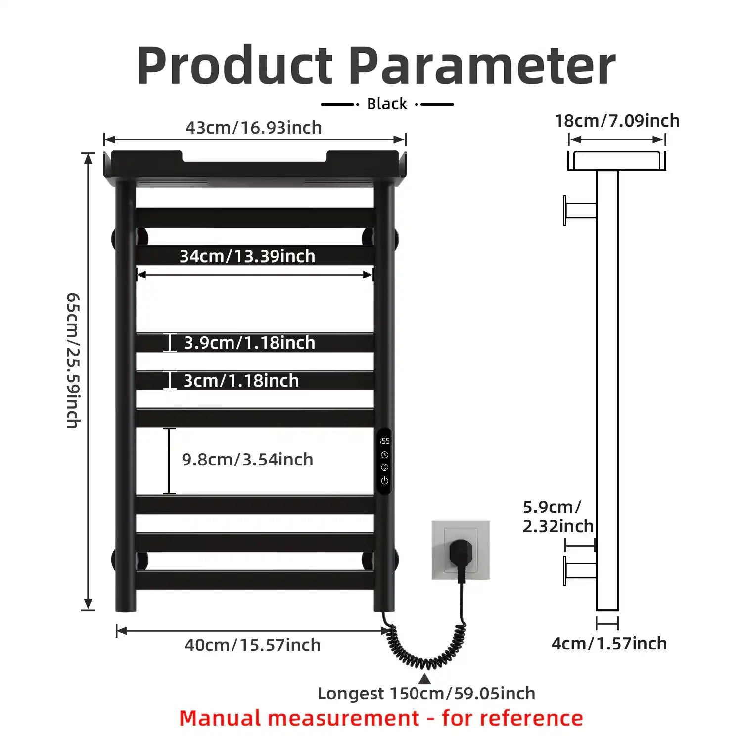 Black Thervon Series towel warmer nearby 18 x 27 with precise size dimensions and wall-mounted design | Ace Decor