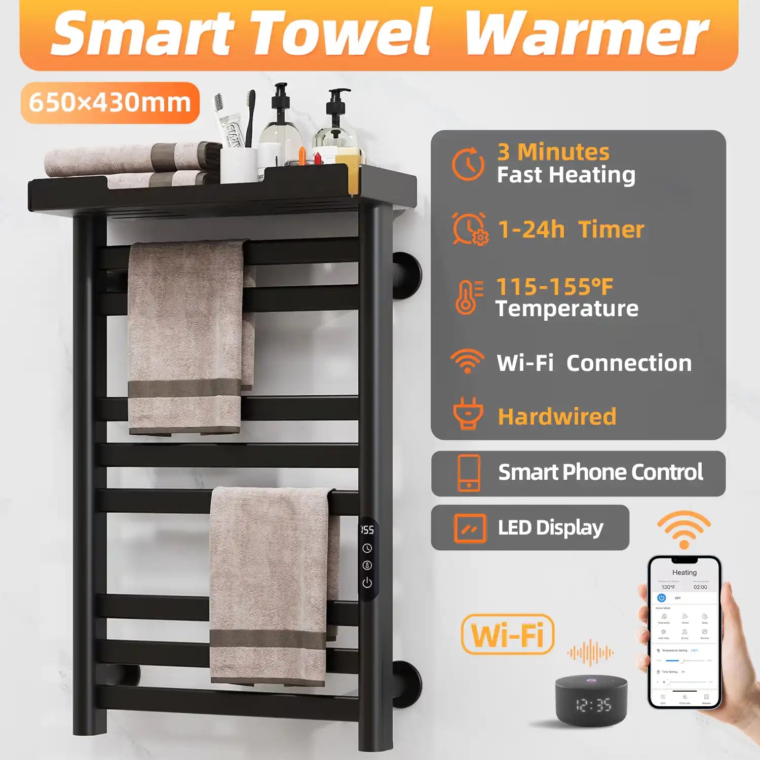 Wall-mounted 18 x 27 black Thervon Series towel warmer nearby with fast heating and smartphone app control | Ace Decor