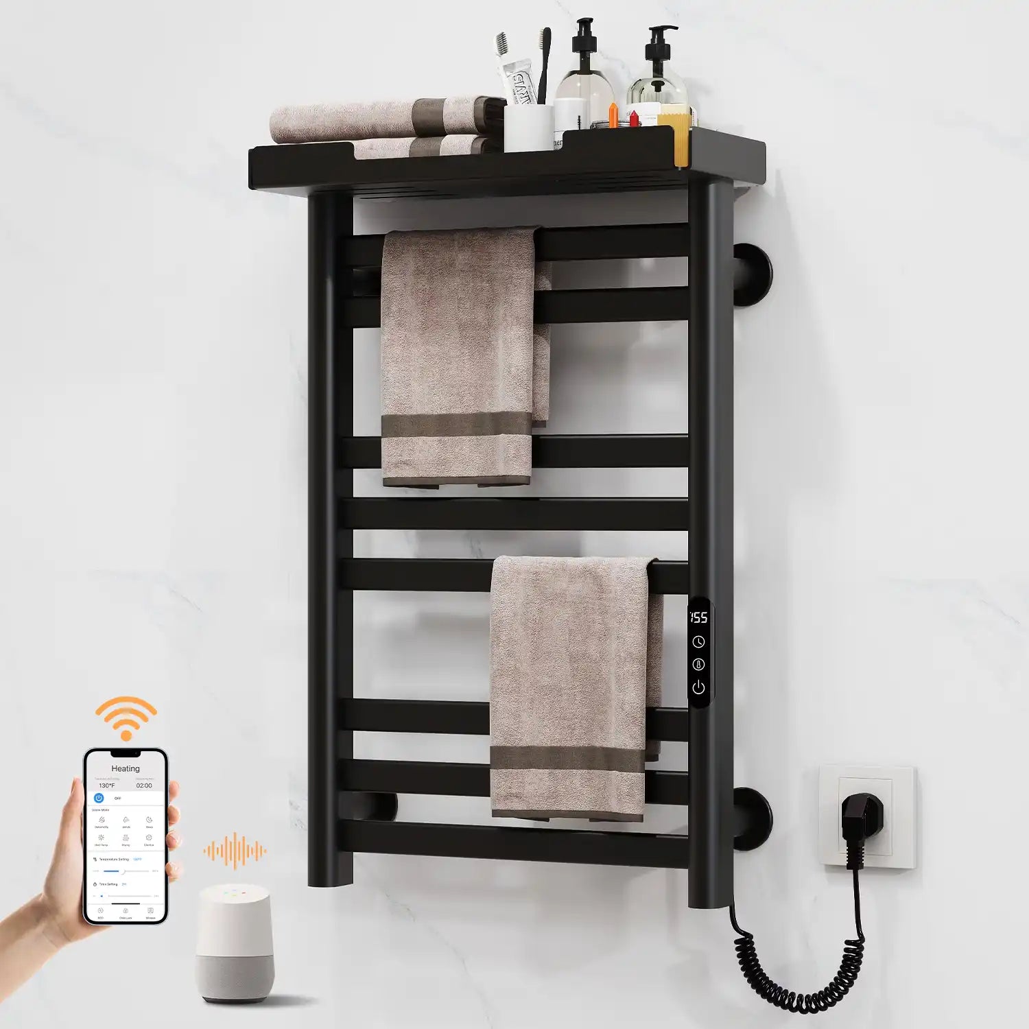 Matte black Thervon Series towel warmer nearby 18 x 27 smart Wi-Fi model with shelf and voice assistant support | Ace Decor