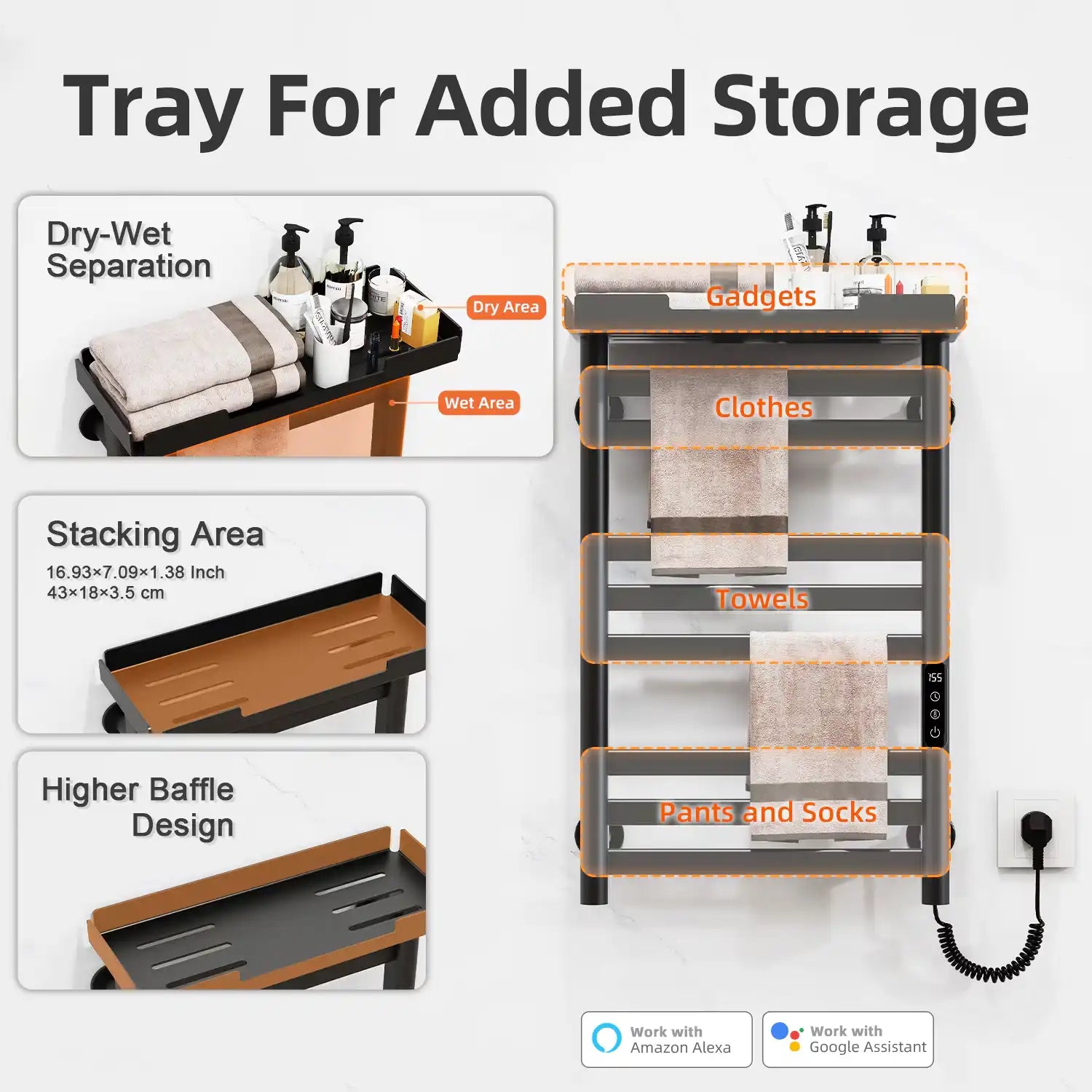 Black Thervon Series towel warmer nearby with 18 x 27 size, wall-mounted design featuring dry-wet separation and storage shelf.