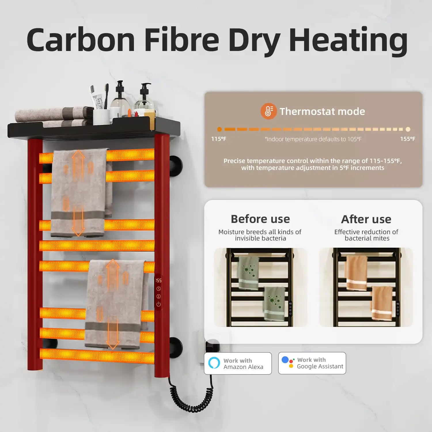 Carbon-fiber heated black Thervon Series towel warmer nearby 18 x 27 showing dry heating and thermostat mode | Ace Decor