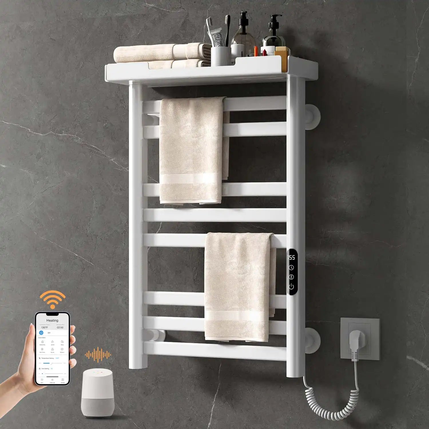 Modern 18 x 27 white hot towel warmer for home with smartphone and voice control | Ace Decor