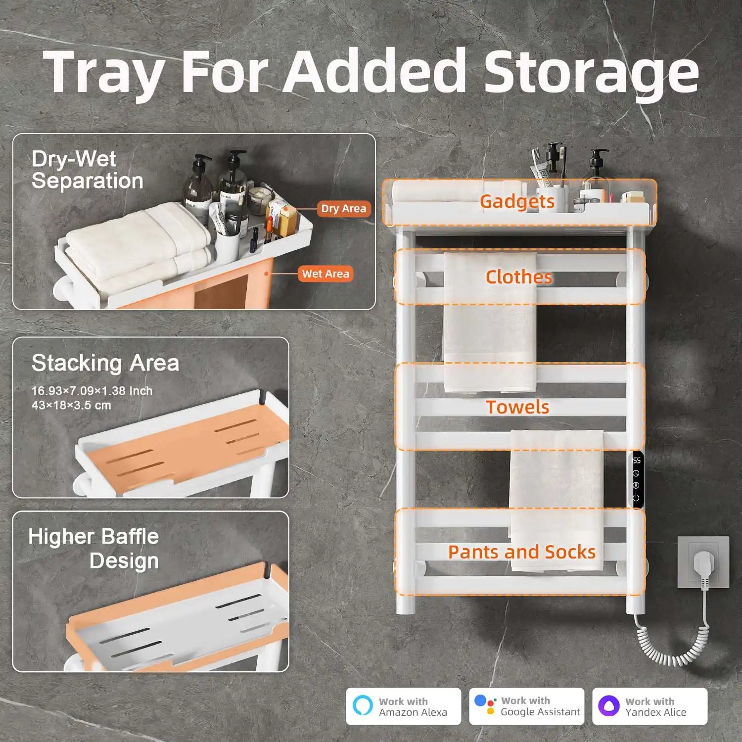 18 x 27 white hot towel warmer for home with shelf for dry-wet separation and storage.